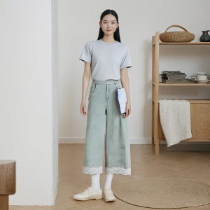 溫碧霞自創(chuàng)IRENENA服裝春季新款蕾絲藍(lán)色闊腿牛仔褲