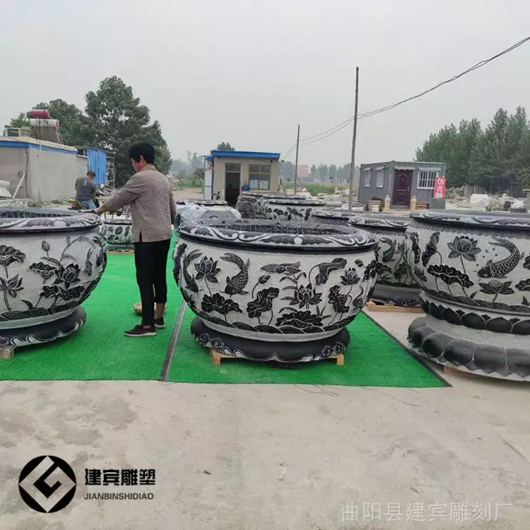 仿古花盆石雕圓形青石魚缸庭院流水擺件石缸門海
